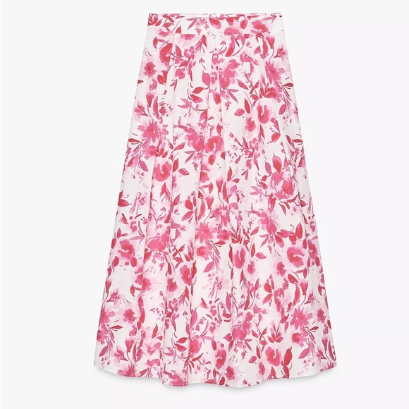 Zara Pink & White Floral A-Line Midi Skirt – Size XS - Picture 1 of 12